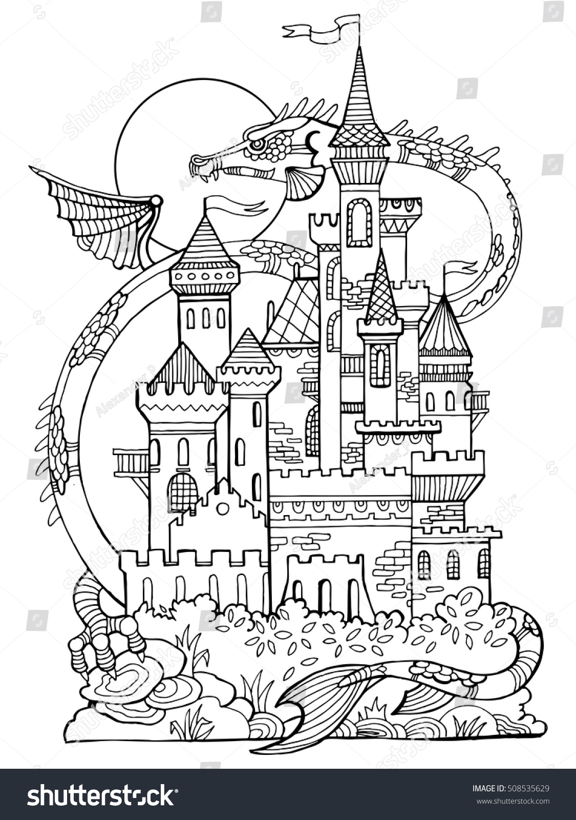 Castle Dragon Vector Illustration Fantasy Drawing Stock Vector Royalty Free