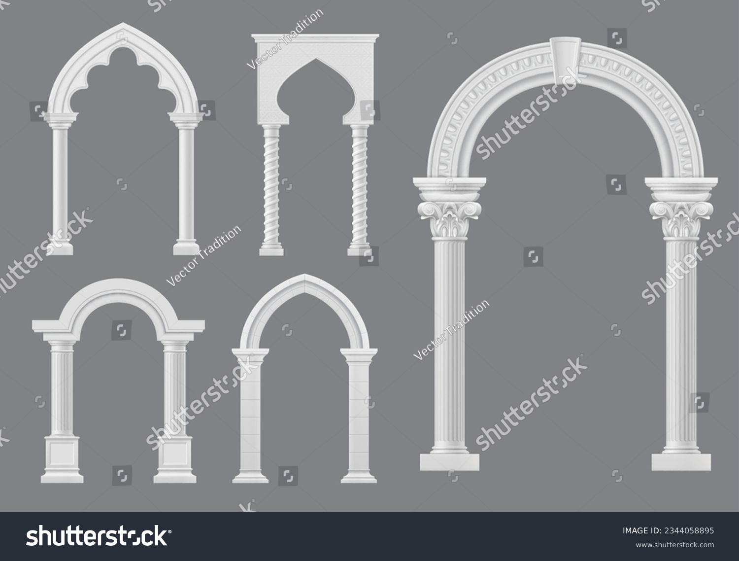 SVG of Castle and palace white marble arch, medieval archway or antique greek roman and arabian columns, vector architecture. Medieval arches on pillars, ancient stone entrance gates or marble archway svg