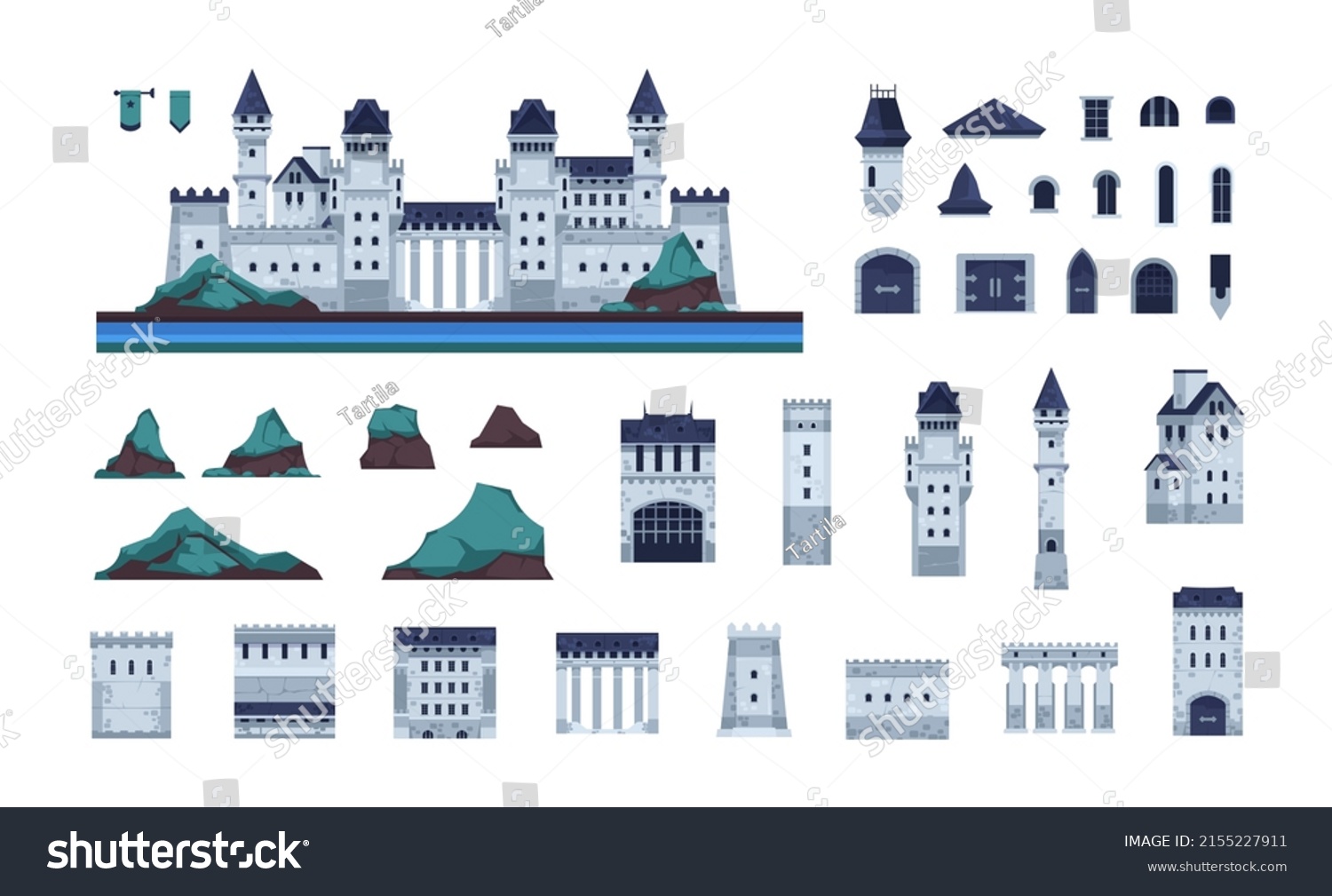SVG of Castle constructor. Cartoon fortress kit, towers walls roof and gate, medieval bastion elements. Vector fantasy ancient architecture elements. Gothic architecture palace exterior, entrance, windows svg