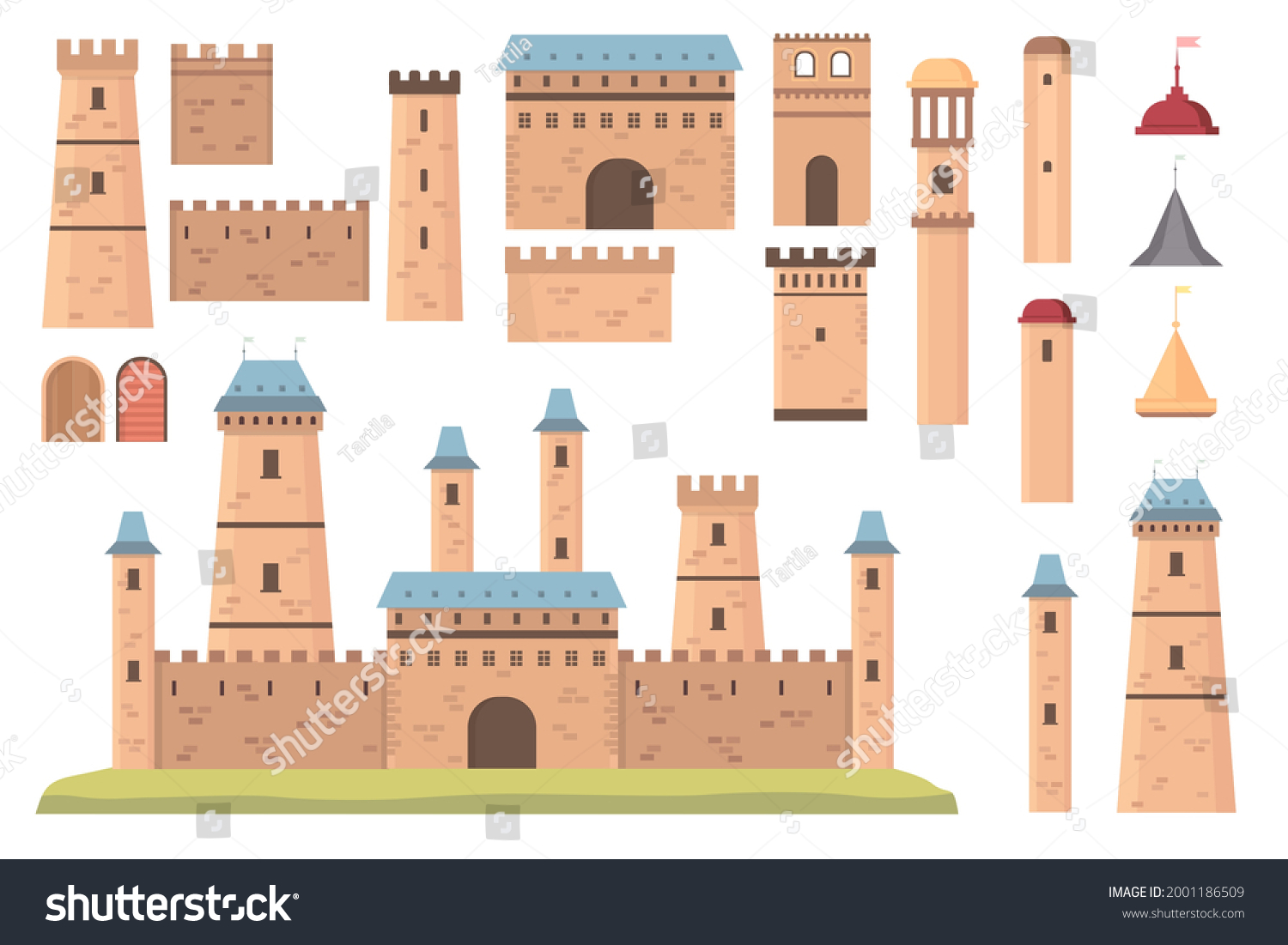 SVG of Castle constructor. Medieval architecture, towers with flags, walls and doors. Old historical bastion building, fortress vector set. Architecture castle, tower and stronghold construction illustration svg