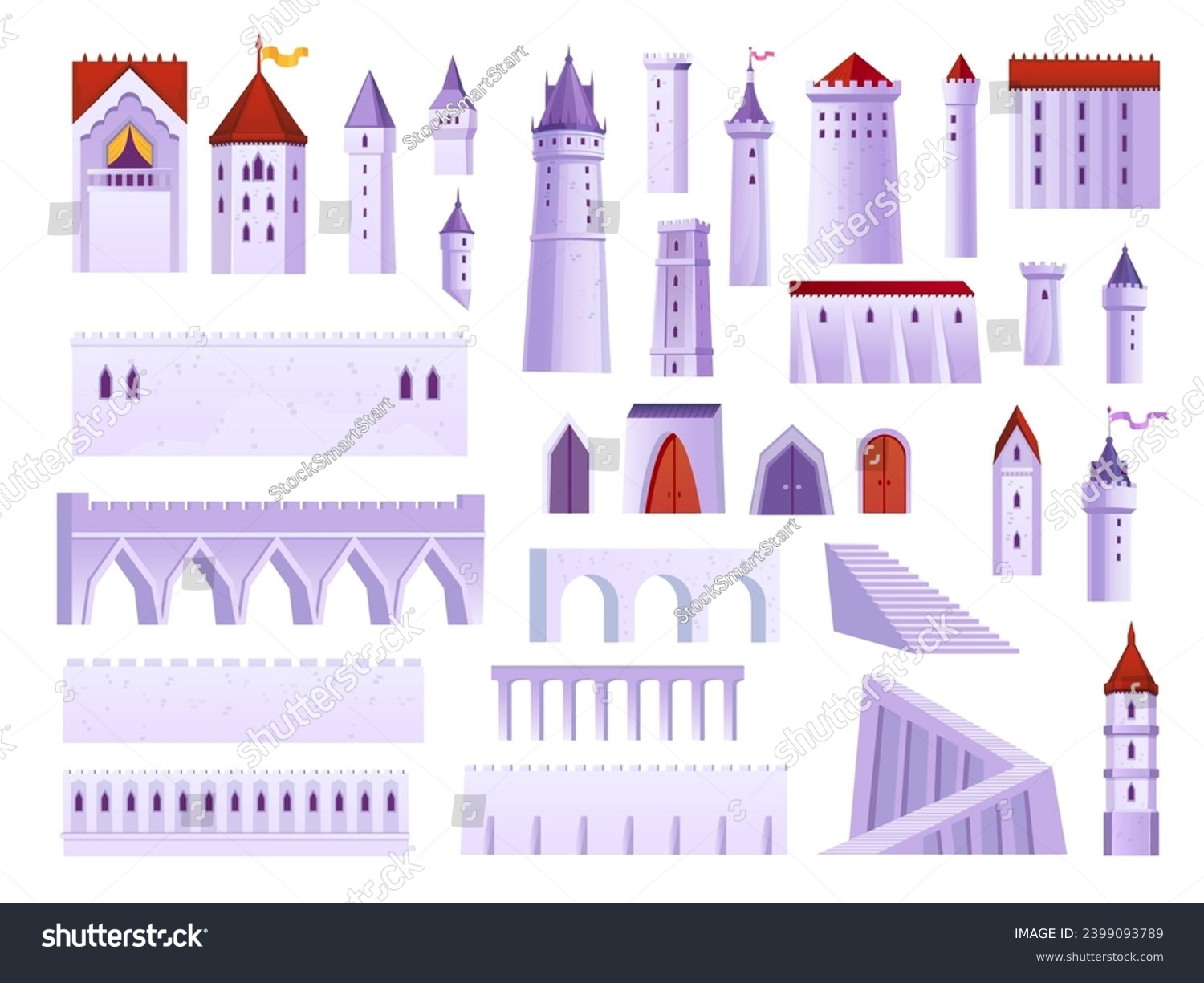 SVG of Castle constructor. Medieval castles elements bastion simple construction, fortified tower spire ancient fairy kingdom town fortress bridge, cartoon ingenious vector illustration of building medieval svg