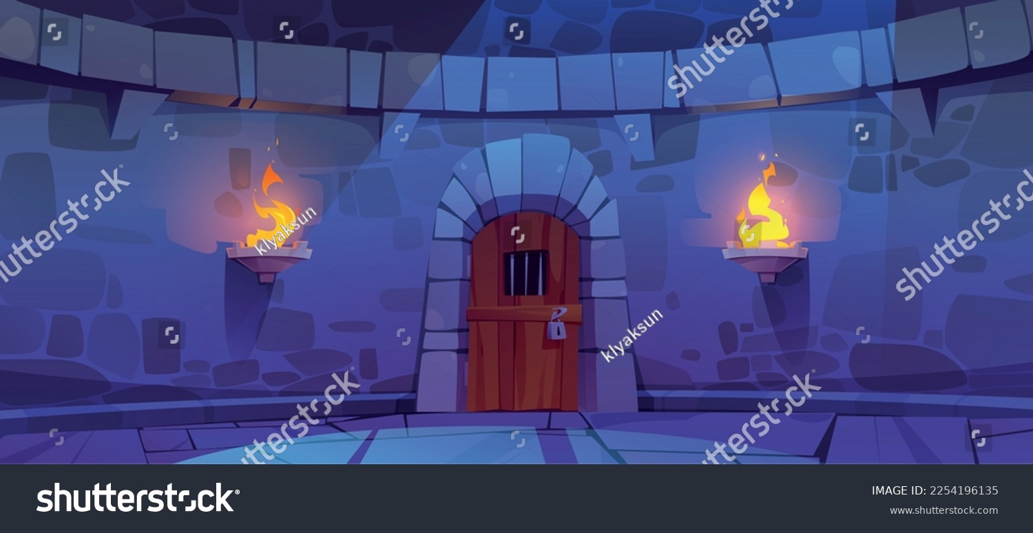 SVG of Castle dungeon with old wooden door. Vector cartoon illustration of medieval building stone wall, locked prison entrance illuminated with torch fire at night. Fortress tower facade for game background svg