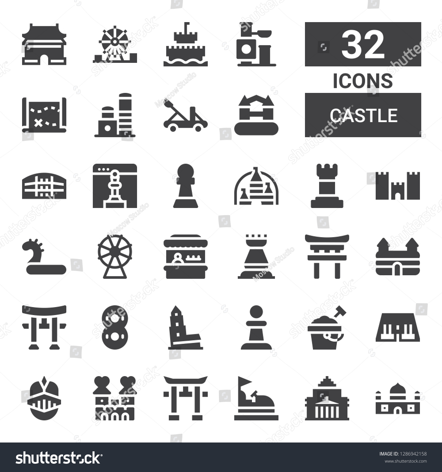 SVG of castle icon set. Collection of 32 filled castle icons included Castle, Shrine remembrance, Bumper car, Torii, Knight, Abu simbel, Sand bucket, Pawn, Nevyansk, Inflatable, Rook svg