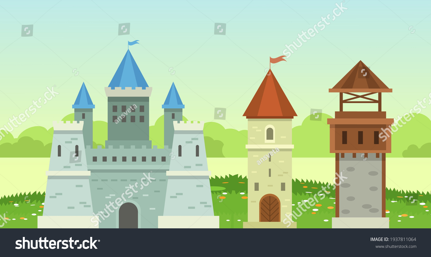 SVG of Castle medieval tower. The fairytale medieval tower,princess castle, fortified palace with gates, medieval buildings, historical towered house cartoon on background of beautiful nature vector svg