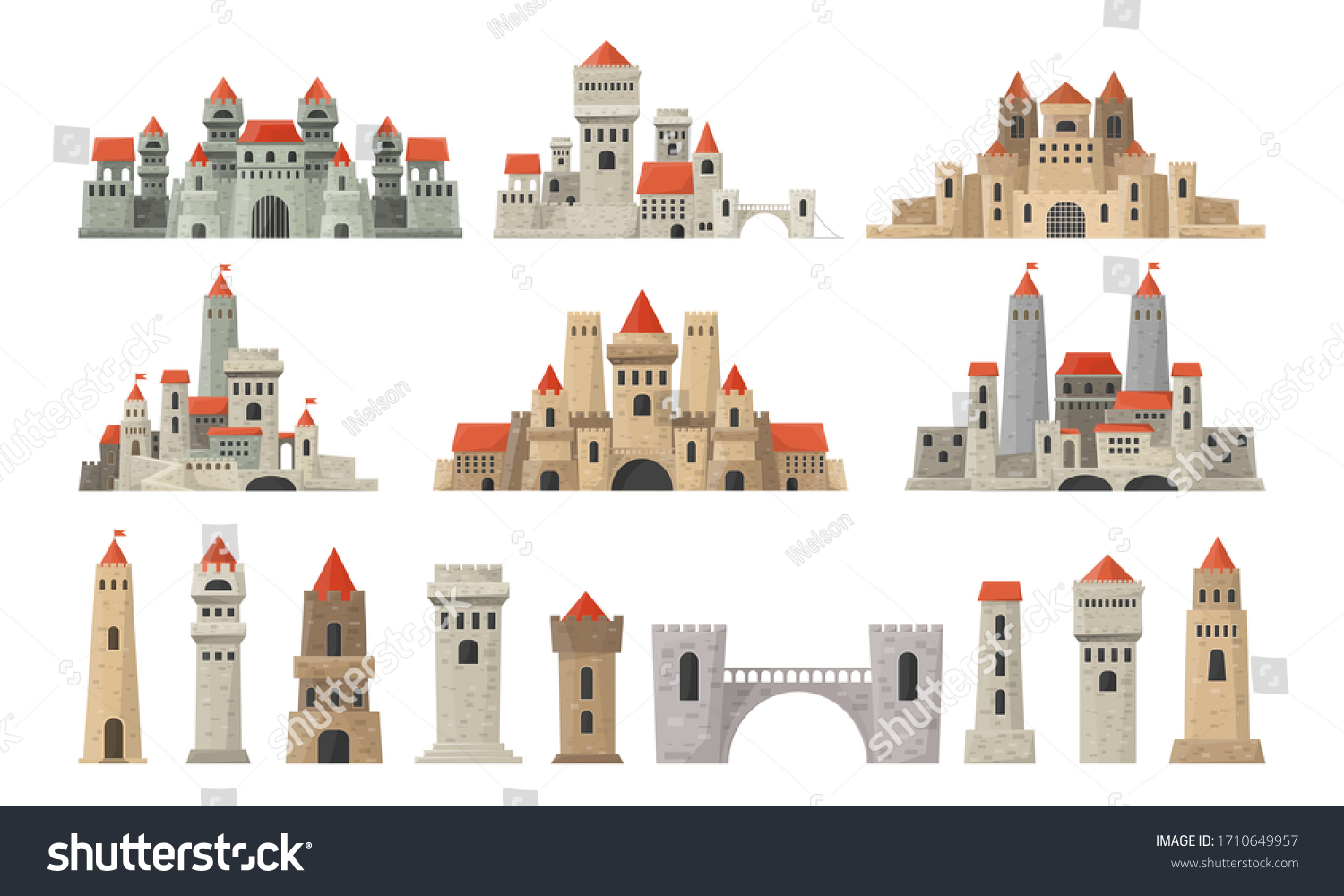 SVG of Castle towers big set. Kingdom on white background. Fortresses buildings.  Medieval Palace in cartoon style. Collection in vector. svg