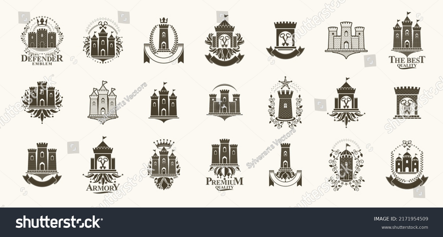 SVG of Castles logos big vector set, vintage heraldic fortresses emblems collection, classic style heraldry design elements, ancient forts and citadels. svg