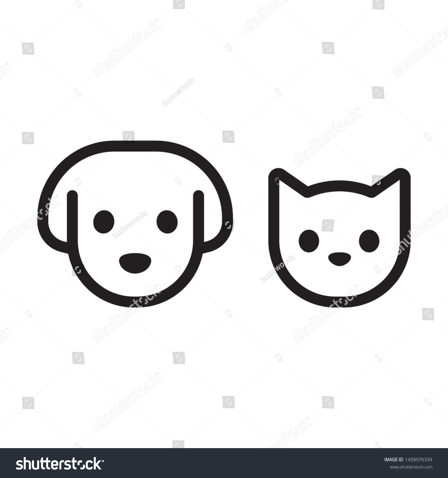 猫と犬のヘッドラインアイコン ペットの顔絵文字 白黒の線画 ベクターイラストセット のベクター画像素材 ロイヤリティフリー