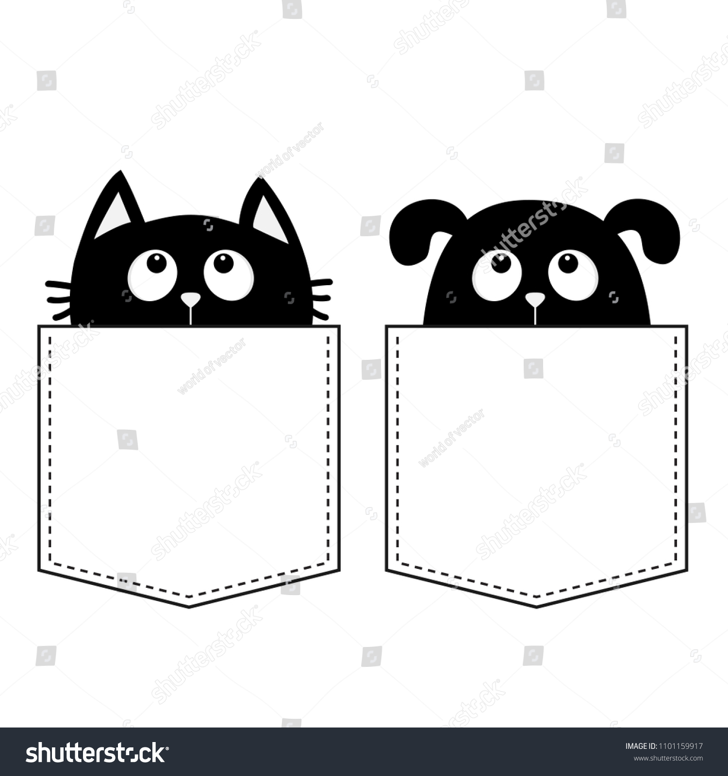 SVG of Cat Dog in the pocket. Cute cartoon animals. Kitten kitty Puppy pooch contour character. Dash line. Pet animal collection. White and black color. T-shirt design. Baby background. Isolated. Flat Vector svg