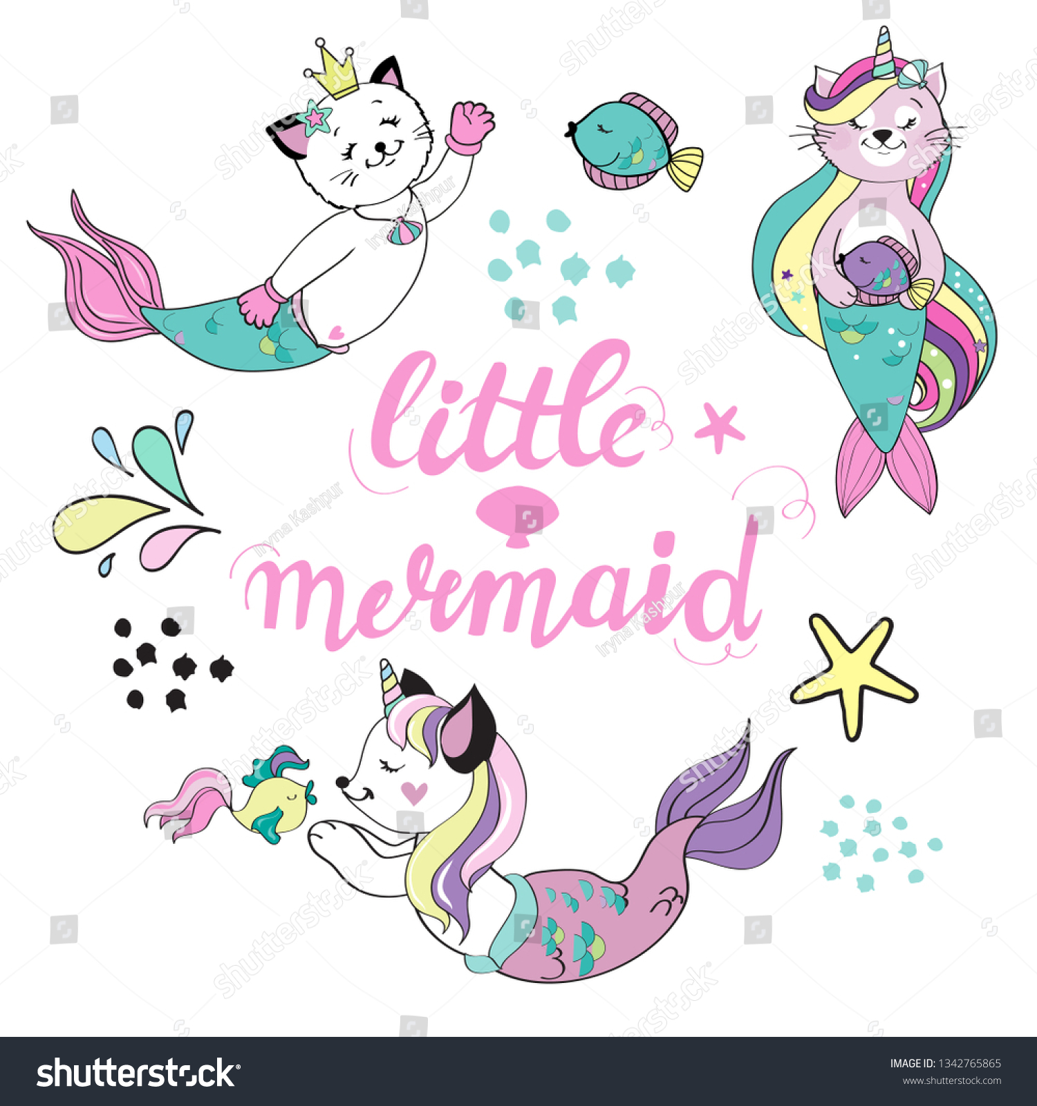 cat unicorn mermaid collection inscription little stock vector royalty free 1342765865