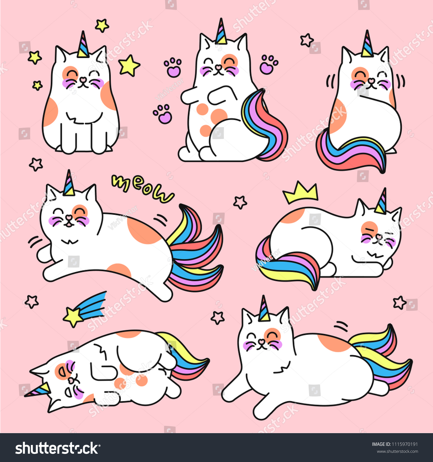 SVG of Cat unicorn set. Pretty caticorn, cute mystical animal, with rainbow tail and a single horn. Vector flat style cartoon magical cat illustration isolated on pink background svg