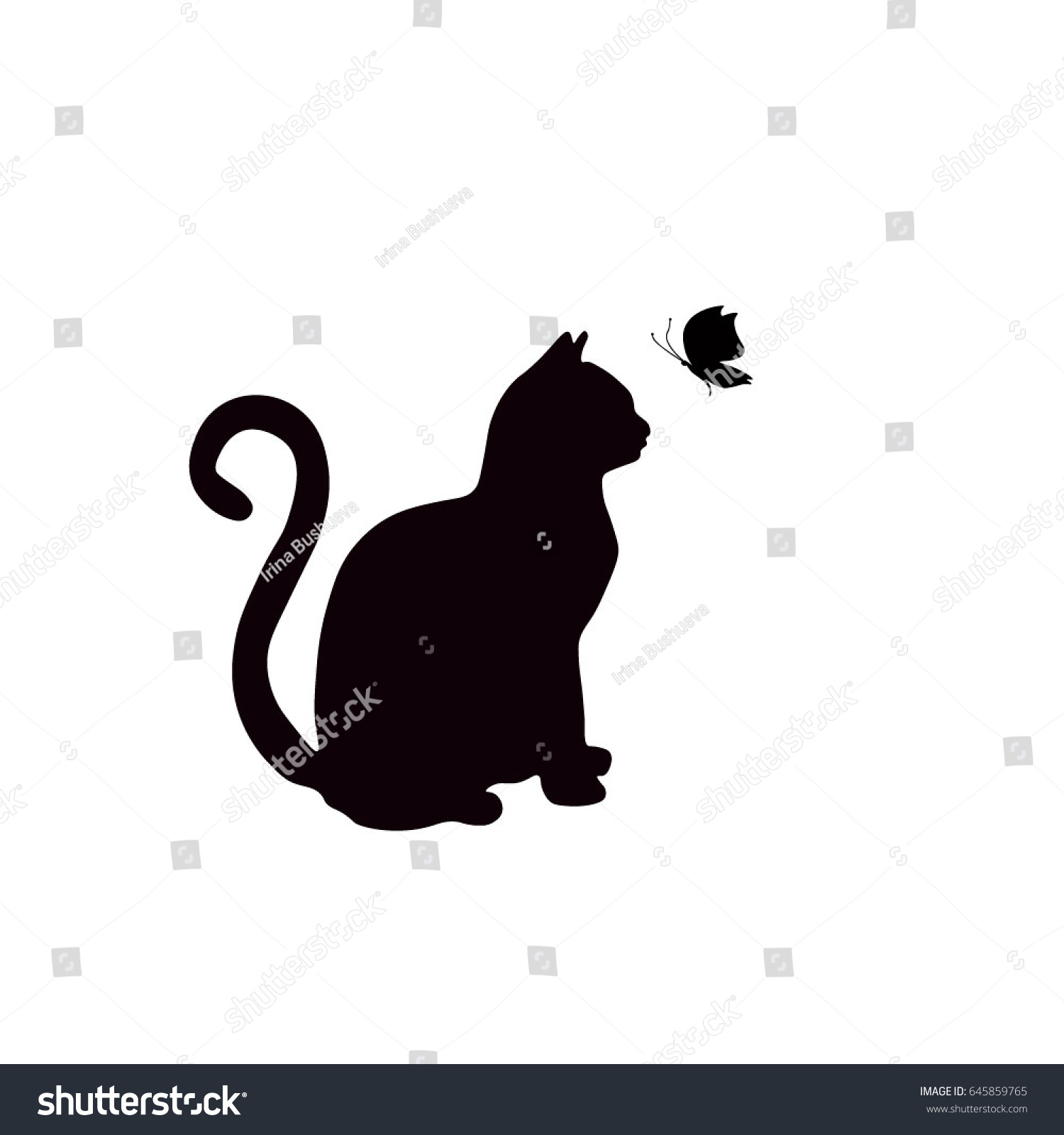 Cat Butterfly Black Silhouette On White のベクター画像素材 ロイヤリティフリー