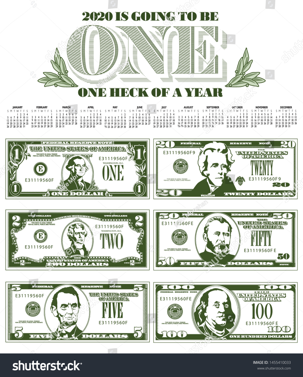 SVG of Catchy 2020 calendar with six detailed, stylized drawings of bills to choose from  svg
