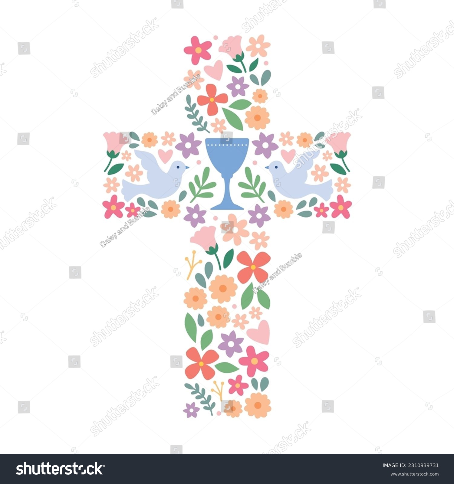 SVG of Catholic Christian Cross with flowers and leaves inside, First Communion cross, Christening, Baptism, vector illustration svg
