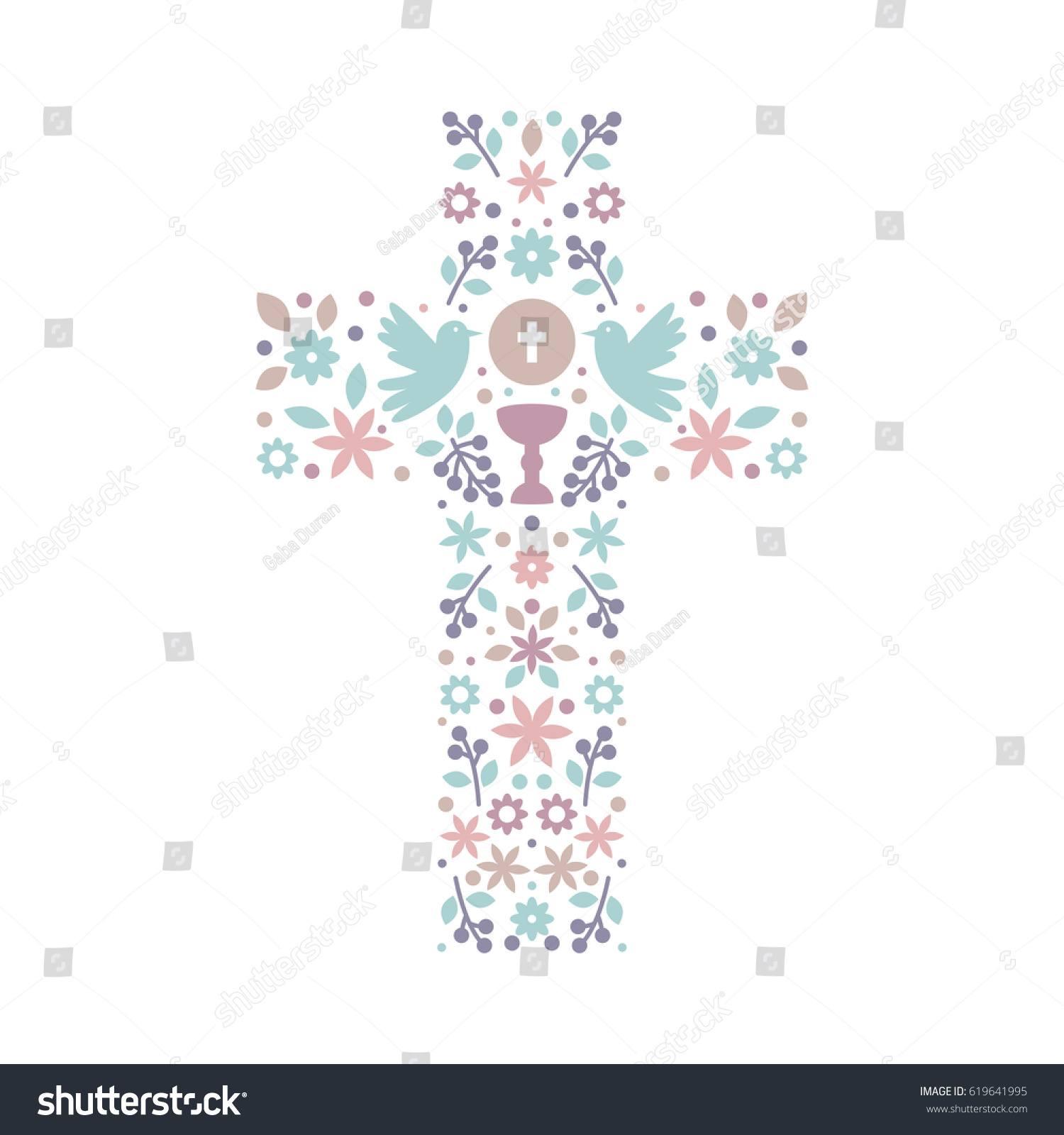 SVG of Catholic Christian Cross with natural elements inside, doves, chalice, grapes and flowers. First Communion cross svg