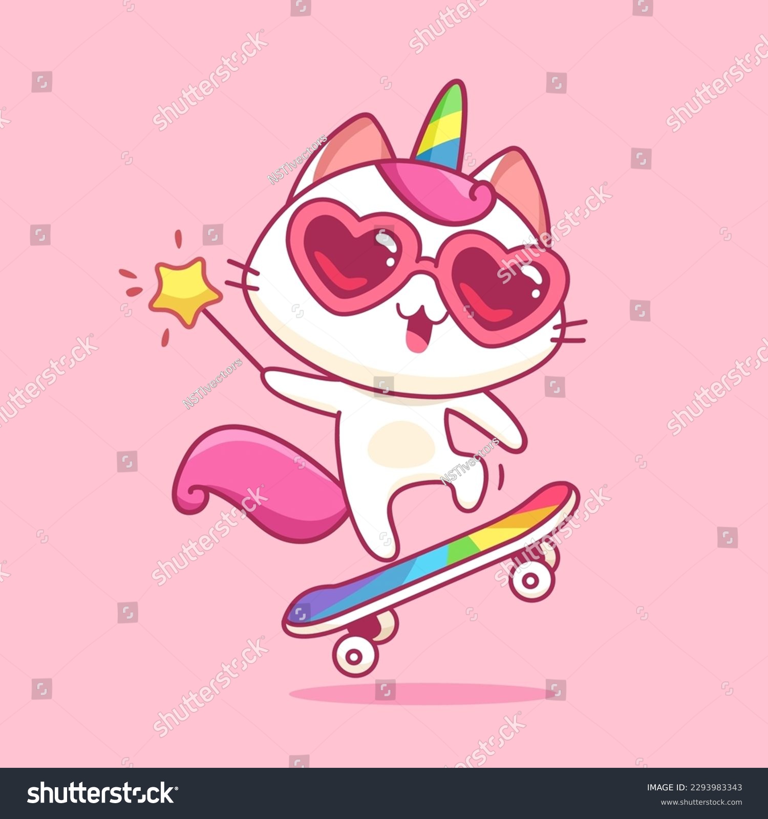 SVG of Caticorn ride on rainbow skateboard. Cute baby kitten or Cat Unicorn hold magic wand and skateboard - vector illustration. Baby Cat Unicorn cartoon character. Kids tee print design svg
