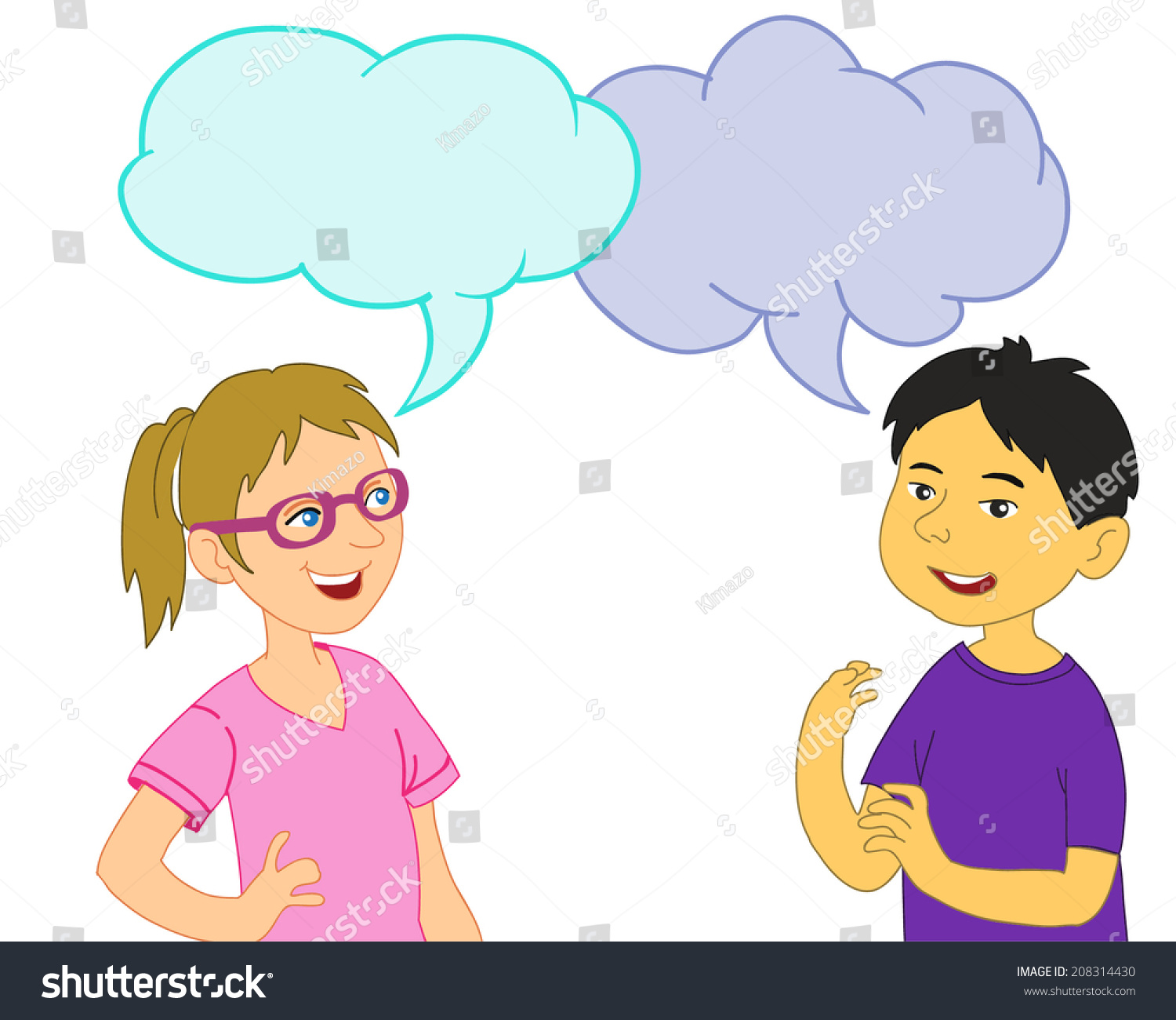 Caucasian Girl And Asian Boy Talking Together. Speech Bubble. Back To ...