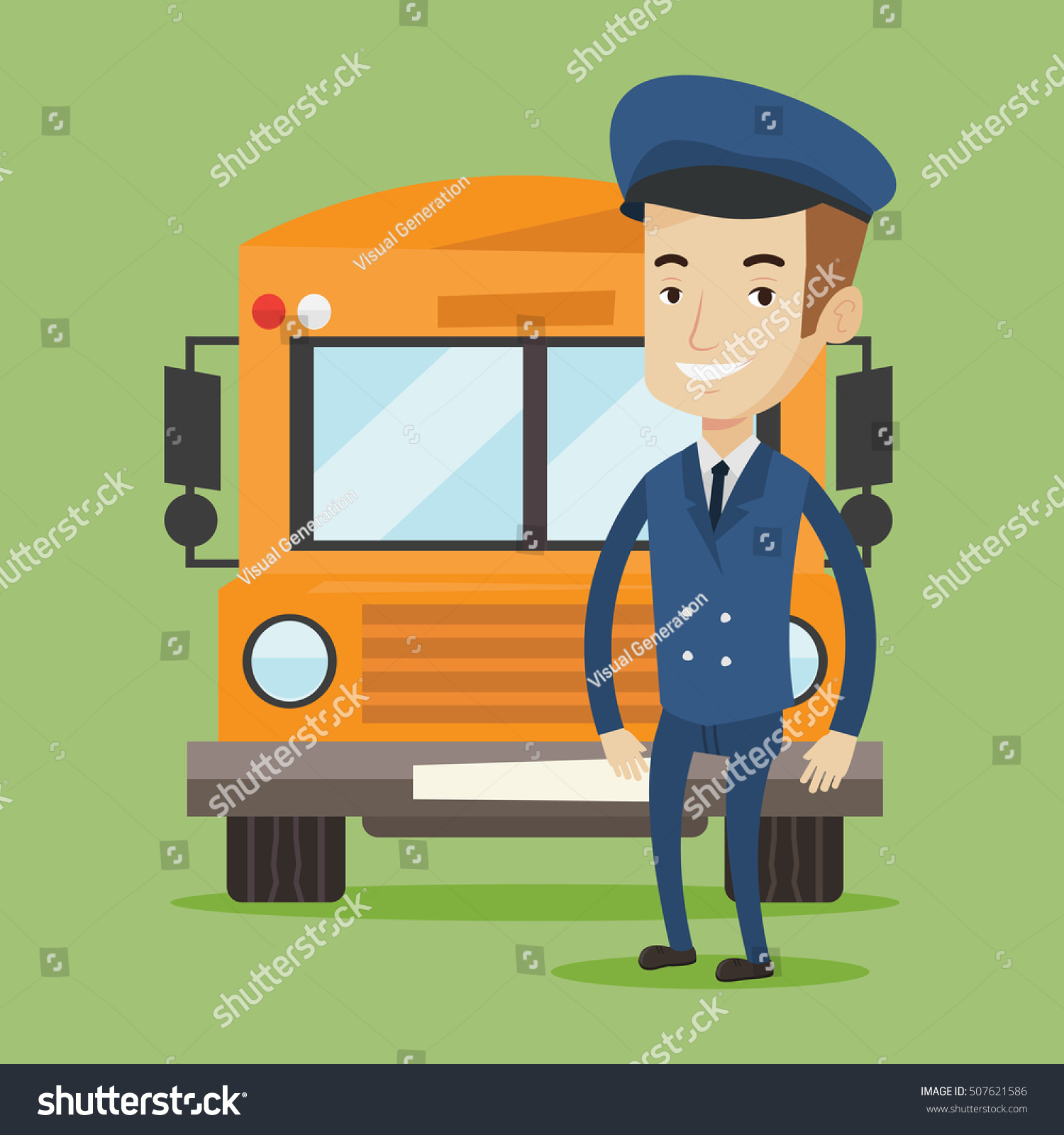 Caucasian School Bus Driver Standing Front Stock Vector (Royalty Free