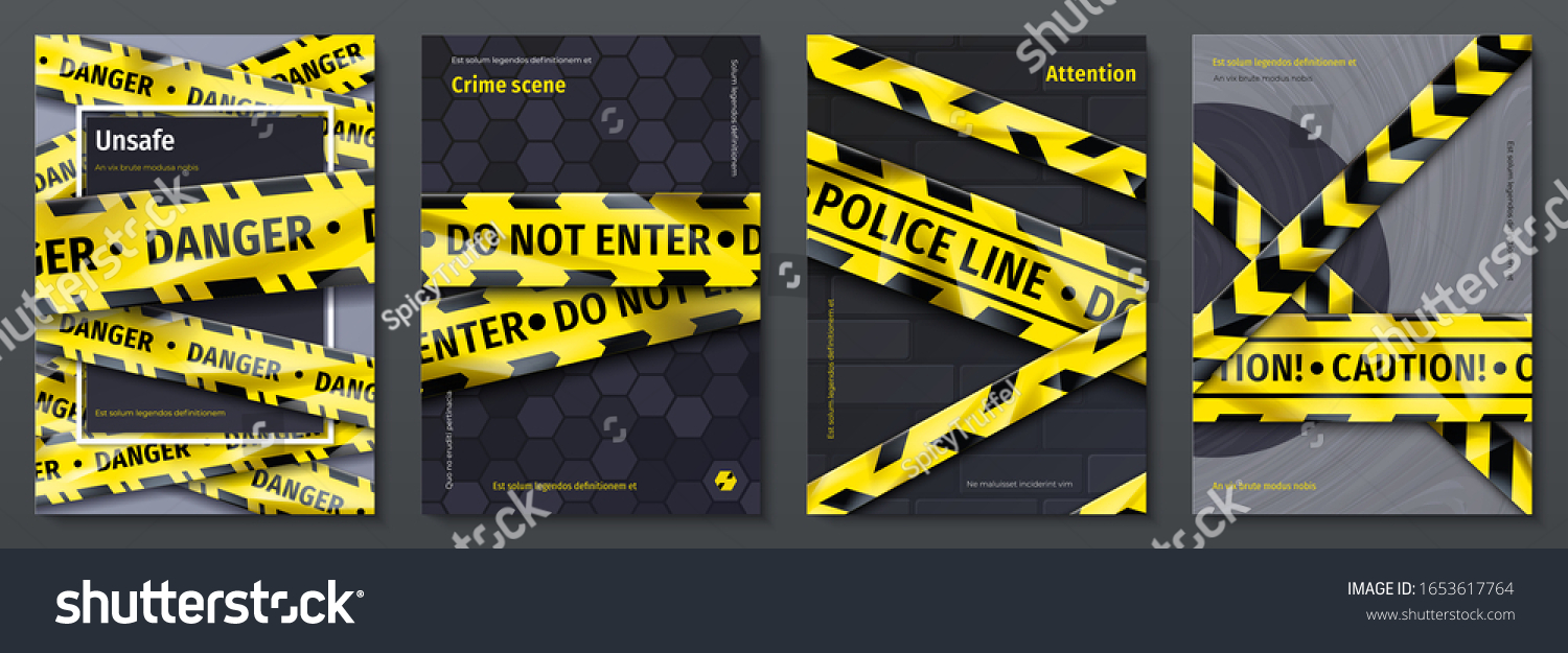 SVG of Caution tape posters. Set of banners with yellow danger tape and warning signs for party flyers. Vector placards with safety ribbons design template, fashion style retro danger alert zone svg