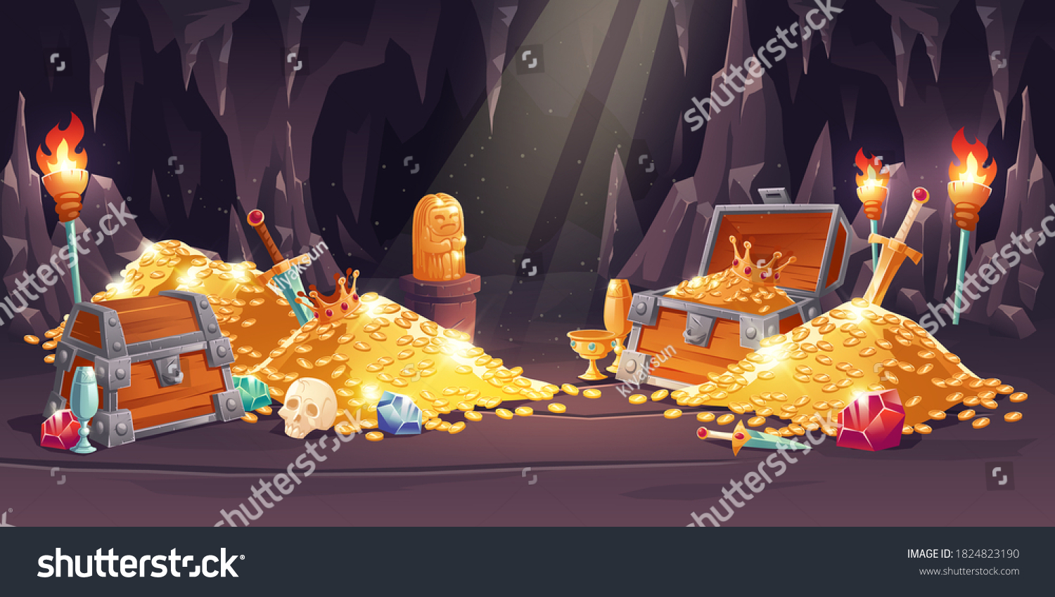 SVG of Cave with treasure, pile of gold coins, jewelry and gem. Vector cartoon illustration of treasury in rock mine with wooden chest full of riches, swords, torch and skull svg