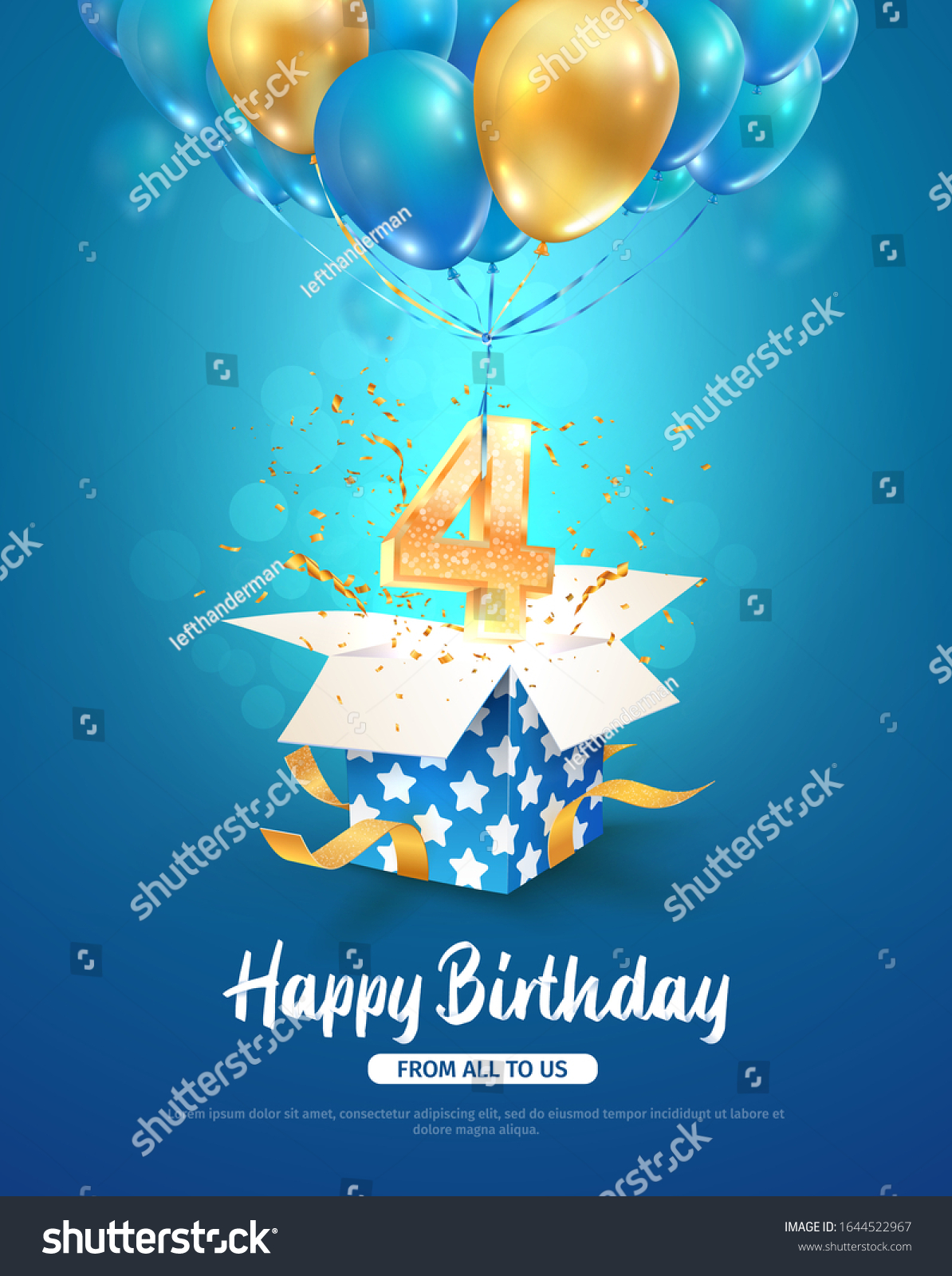 SVG of Celebrating of 4th years birthday vector 3d illustration. 4 years anniversary celebration. Open gift box with number four flying on balloons on blue background svg