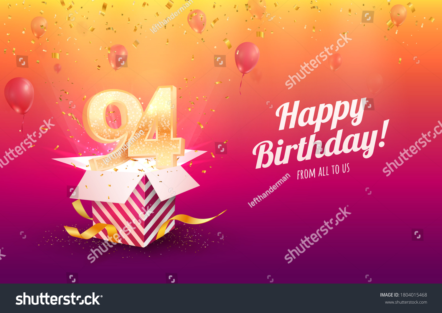 SVG of Celebrating 94th years birthday vector illustration. Ninety-four anniversary celebration background. Adult birth day. Open gift box with flying holiday numbers svg