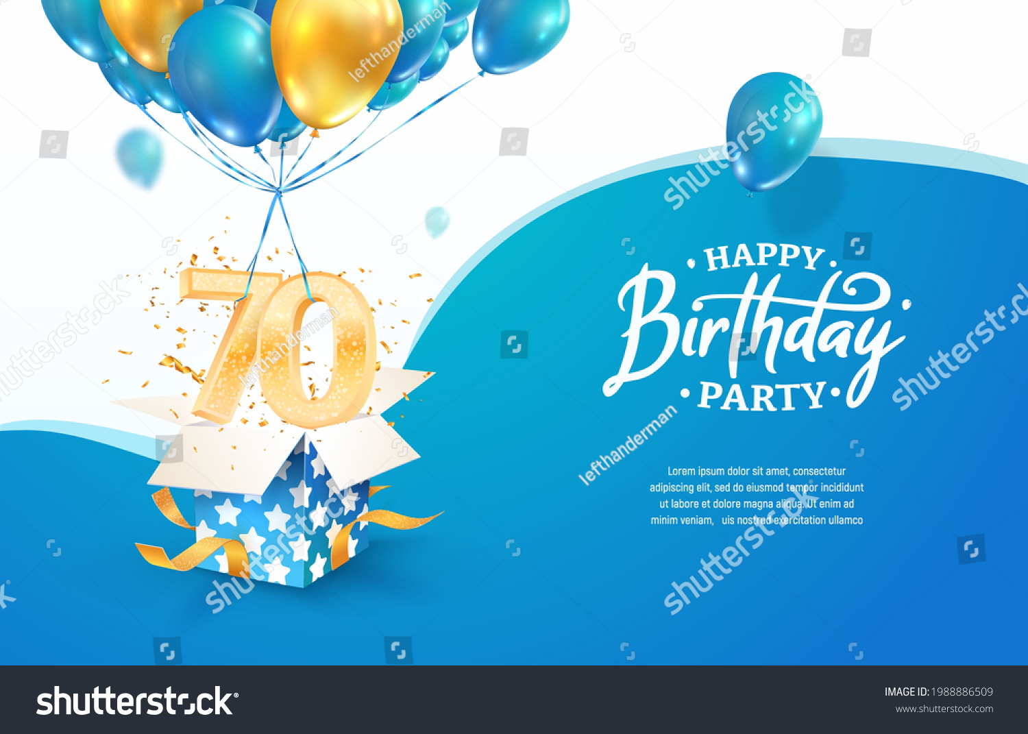 SVG of Celebrating 70th years birthday vector illustration. Seventy anniversary celebration. Adult birth day. Open gift box with numbers three and eight flying on balloons svg