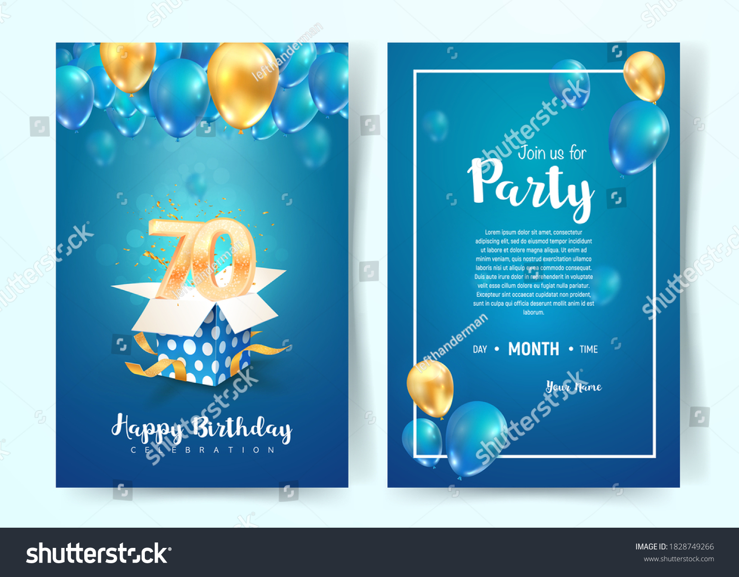SVG of Celebration of 70th years birthday vector invitation card. Seventy years anniversary celebration brochure. Template of invitational for print on blue background svg