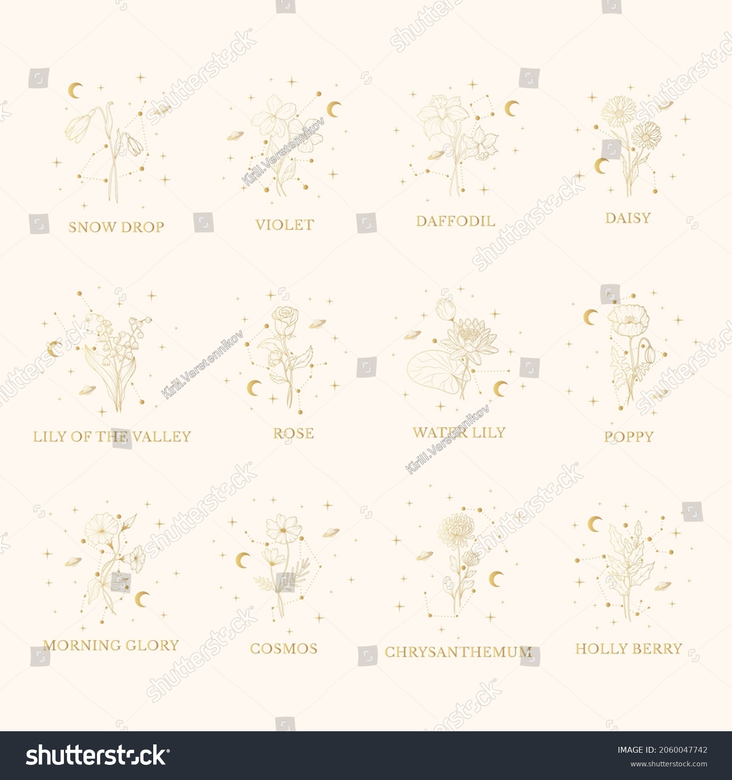 Celestial Birth Month Gold Flower Set Stock Vector (Royalty Free ...