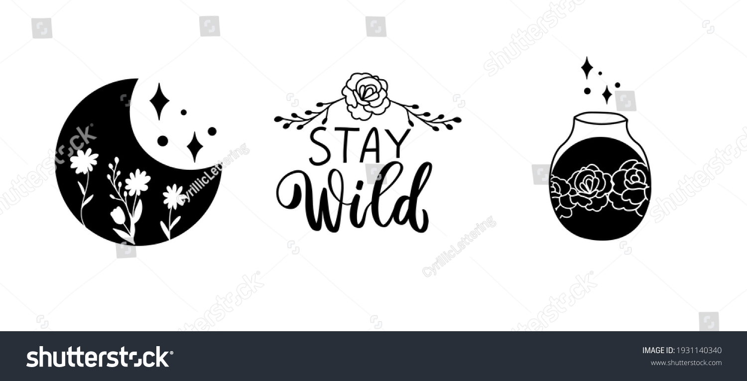 SVG of Celestial moon with wildflowers. Linocut black and white line art graphic. Floral magic mason jar. Line arerbal farmhouse rustic wild flowers decor elements. Gardening hand drawn vector illustration.  svg