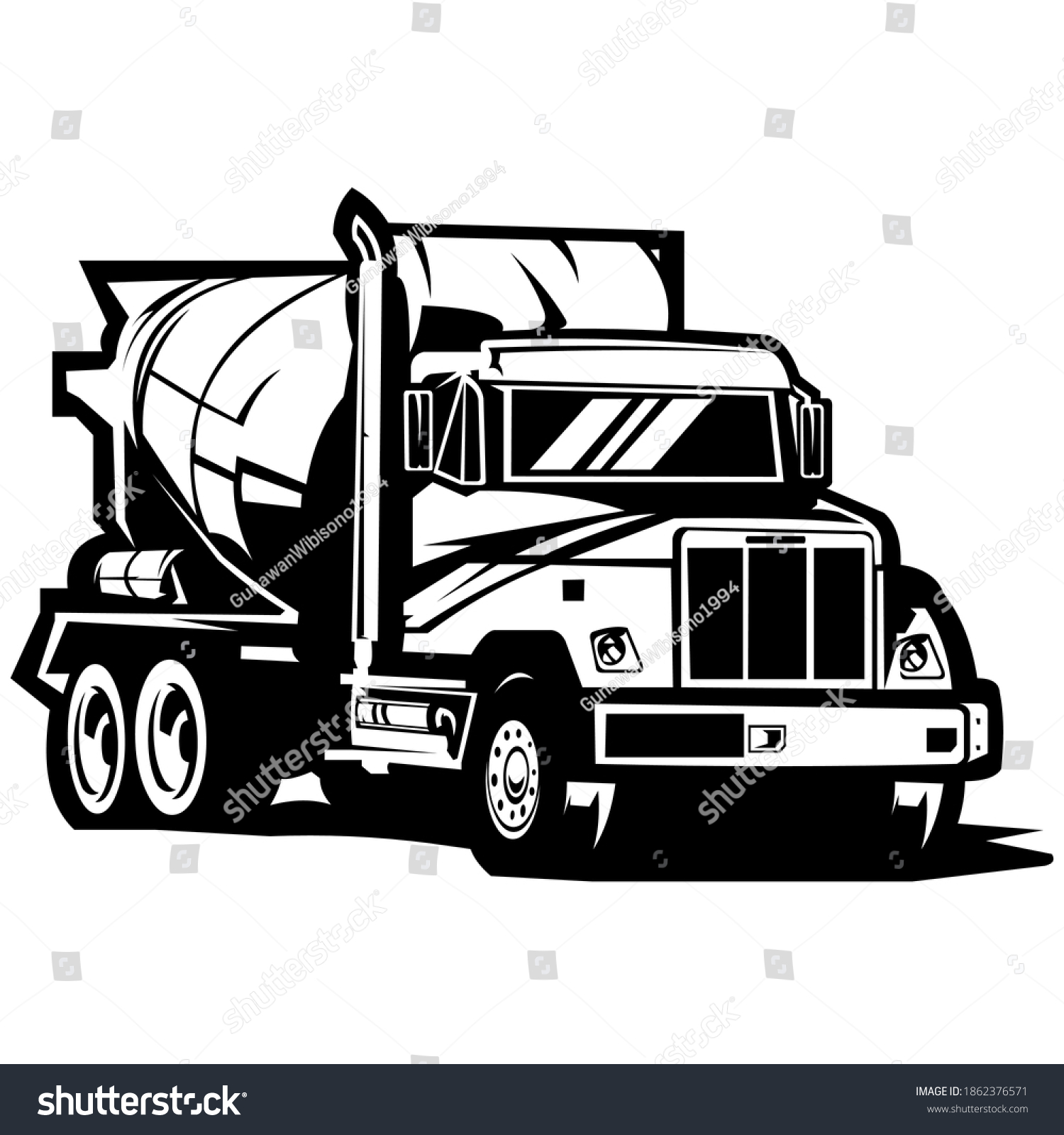 SVG of cement concrete mixer truck on black and white background, Cement mixer truck on white vector image, mixer truck cement isolated svg