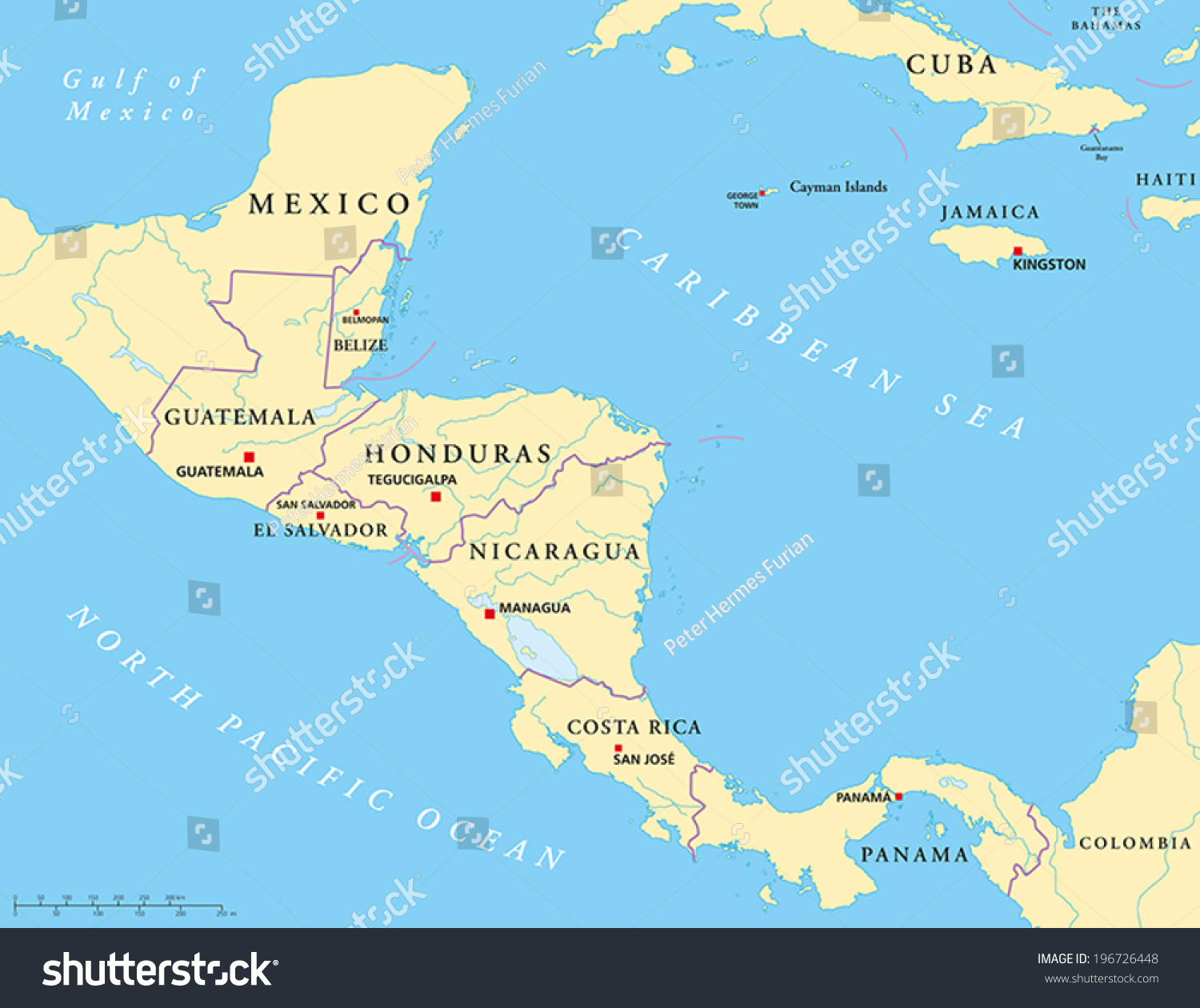 Central America Political Map Capitals National Stock Vector