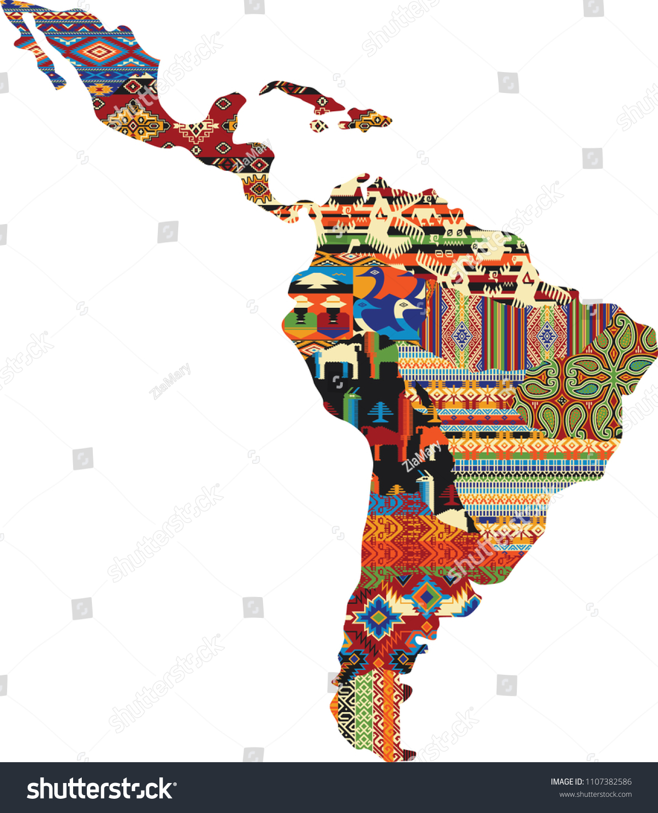 中南米のパッチワーク地図 ネイティブな布地パターンの抽象的ベクター画像壁紙 のベクター画像素材 ロイヤリティフリー