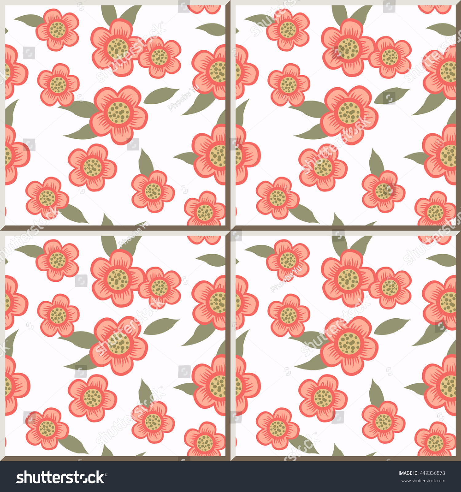 SVG of Ceramic tile pattern 306_garden pink flower green leaf svg
