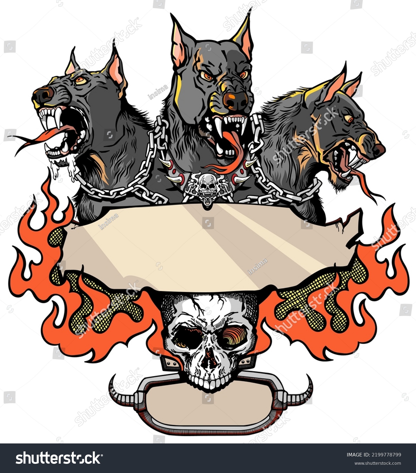 SVG of Cerberus hellhound a mythological three-headed dog the guard of the entrance to hell. Hound of Hades with chain on his neck. Design template with a human skull and fire flames.  Vector illustration svg