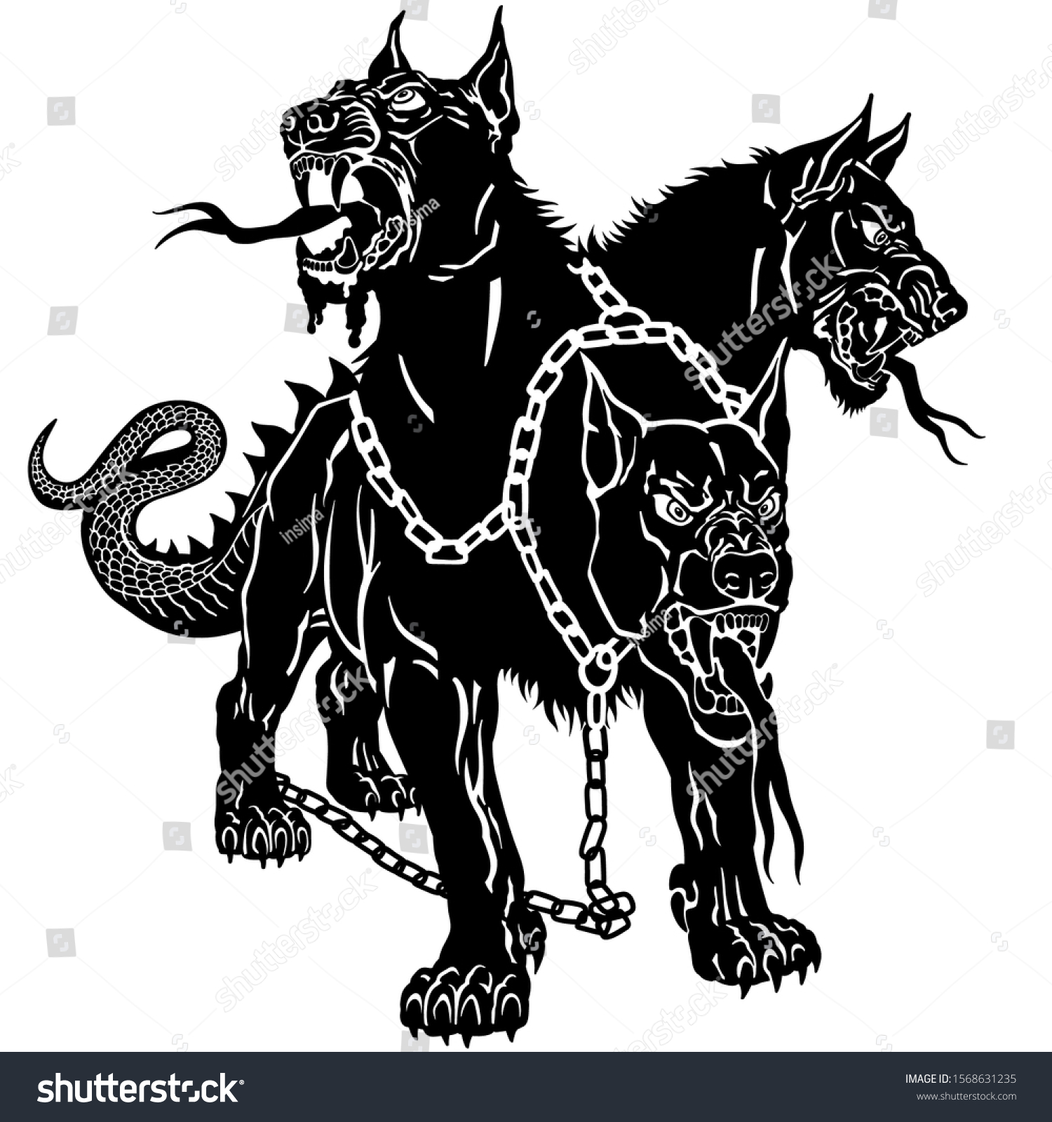 SVG of Cerberus hellhound Mythological three headed dog the guard of entrance to hell. Hound of Hades. Isolated tattoo style black and white vector illustration svg