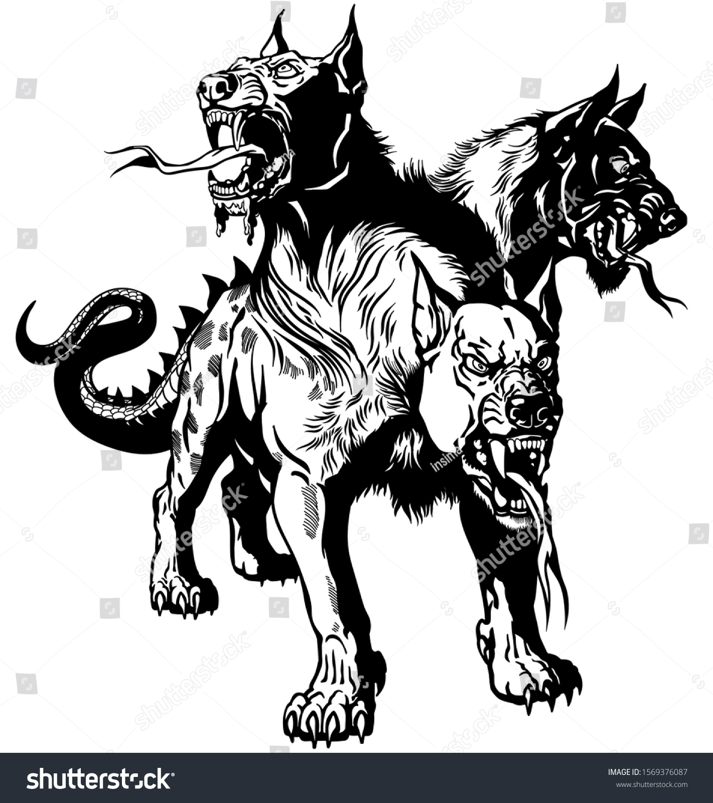 SVG of Cerberus hellhound Mythological three headed dog the guard of entrance to hell. Hound of Hades. Isolated tattoo style black and white vector illustration svg