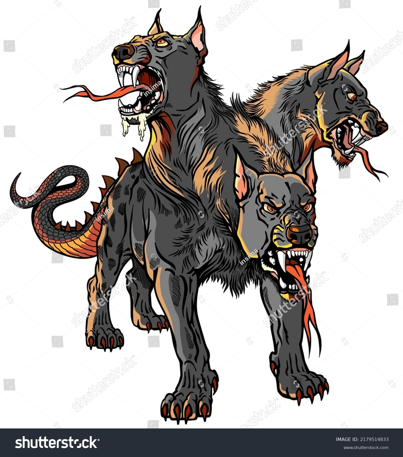 SVG of Cerberus hellhound Mythological three-headed dog the guard of the entrance to hell. Hound of Hades a black beast of the underworld. Standing pose, front view. Isolated vector illustration svg