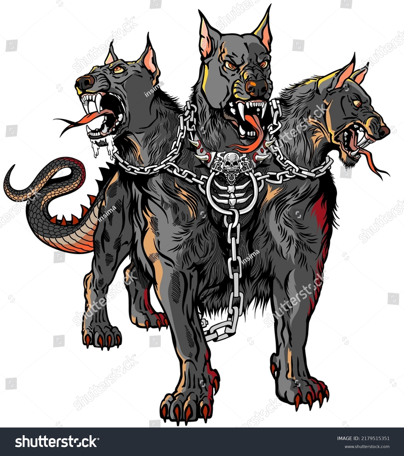SVG of Cerberus hellhound Mythological three-headed dog the guard of the entrance to hell. Hound of Hades with chain on his neck. Standing pose, front view. Isolated vector illustration svg