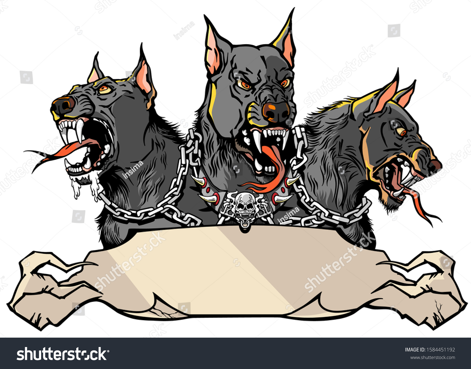 SVG of Cerberus supernatural hound of Hell. Mythological three headed dog the guard of entrance to hell. Hound of Hades. Logo, banner, emblem with ribbon scroll. Shirt design template. Graphic style vector svg