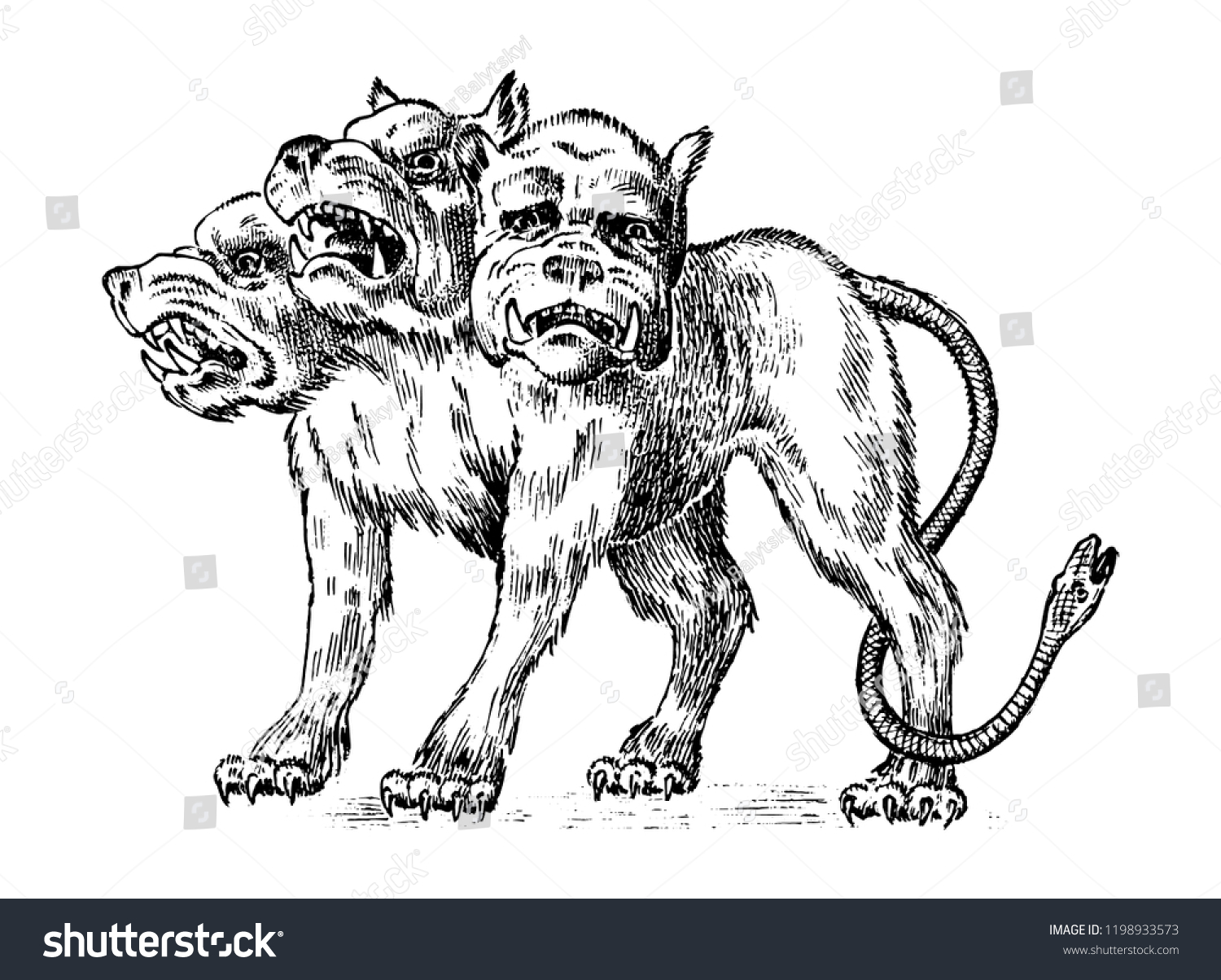 SVG of Cerberus three headed dog. Mythical Greek antique monster. Mythological animal. Fantastic creatures in the old vintage style. Engraved hand drawn old sketch. svg