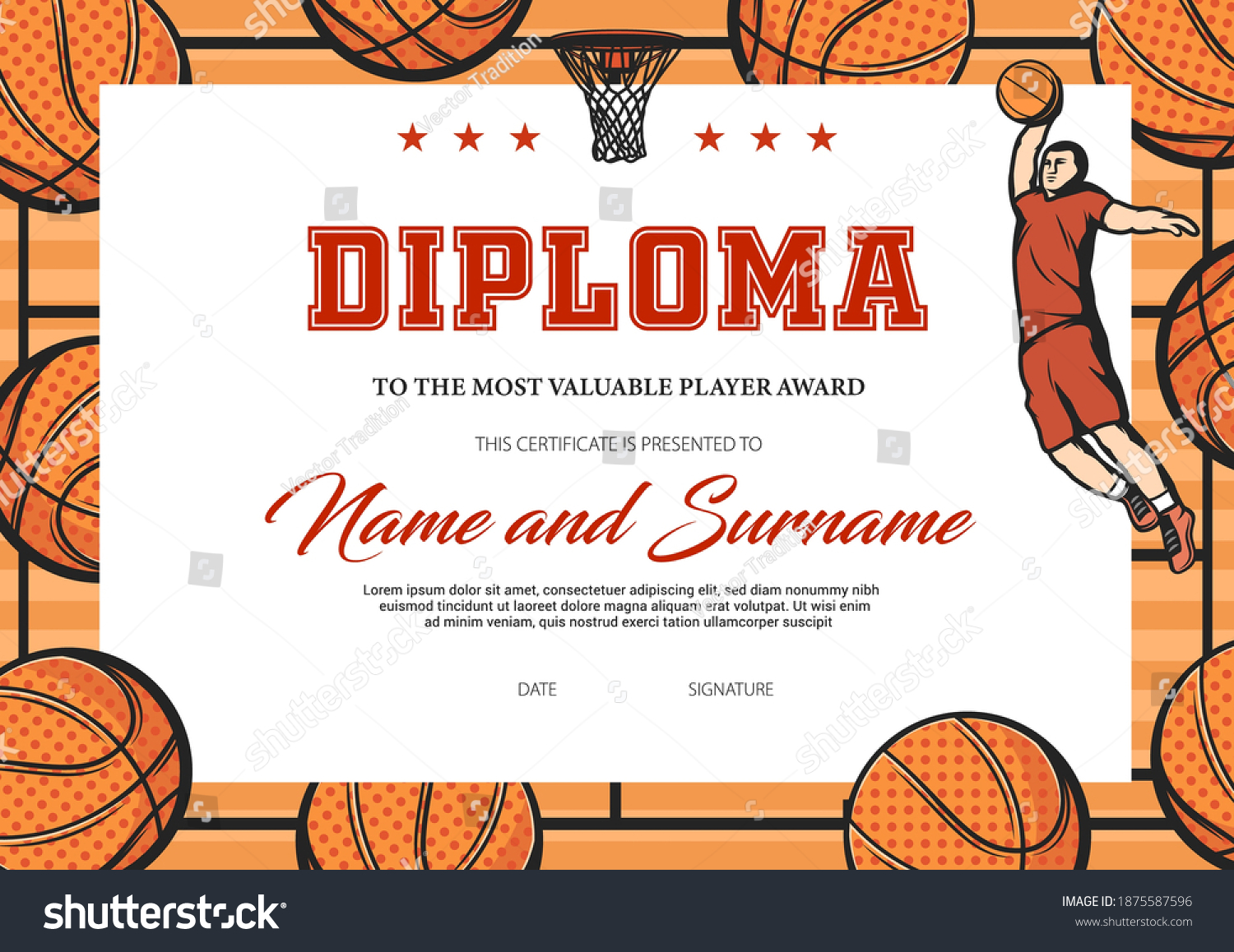 Certificate Basketball Most Valuable Player Sports Stock Vector ...