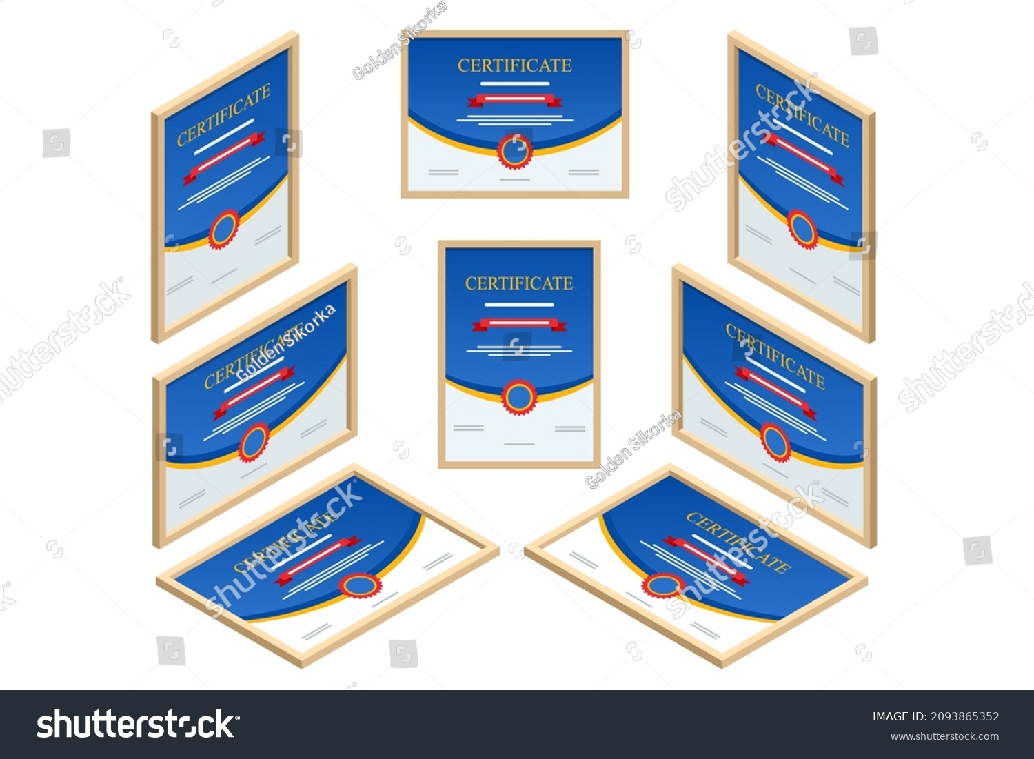 SVG of Certificate isometric view straight, left, right, top. Certificate template of achievement border template with badge for award, business, and education needs svg