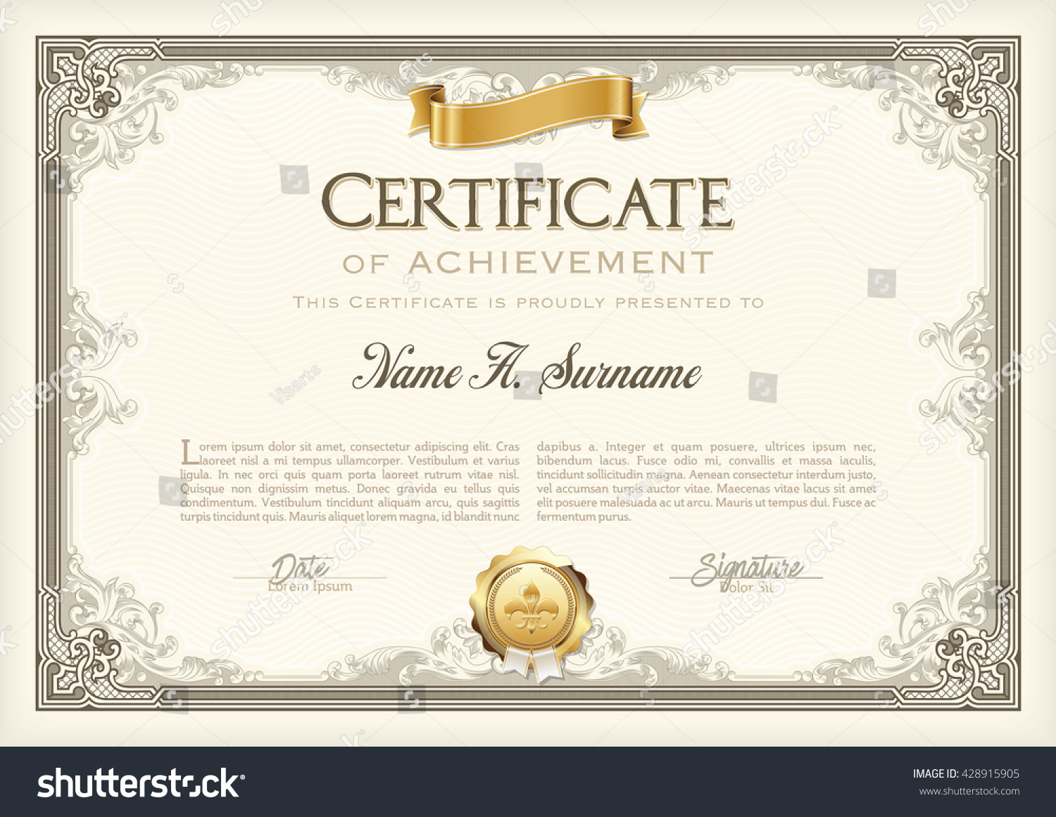 Certificate Of Achievement Vintage Frame With Gold Ribbon. Landscape ...