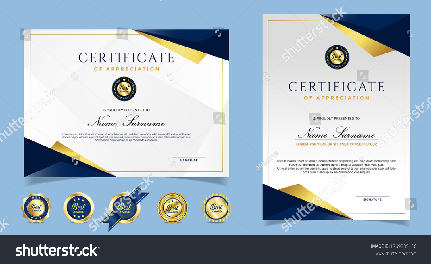 Certificate Appreciation Template Gold Blue Color Stock Vector (Royalty ...