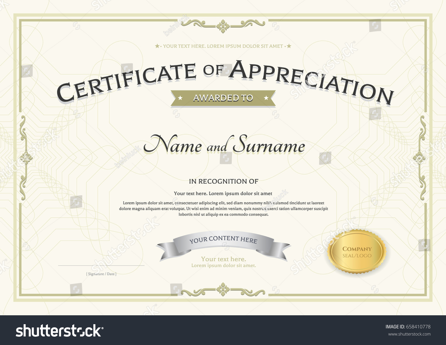 Certificate Appreciation Template Silver Award Ribbon Stock Vector ...