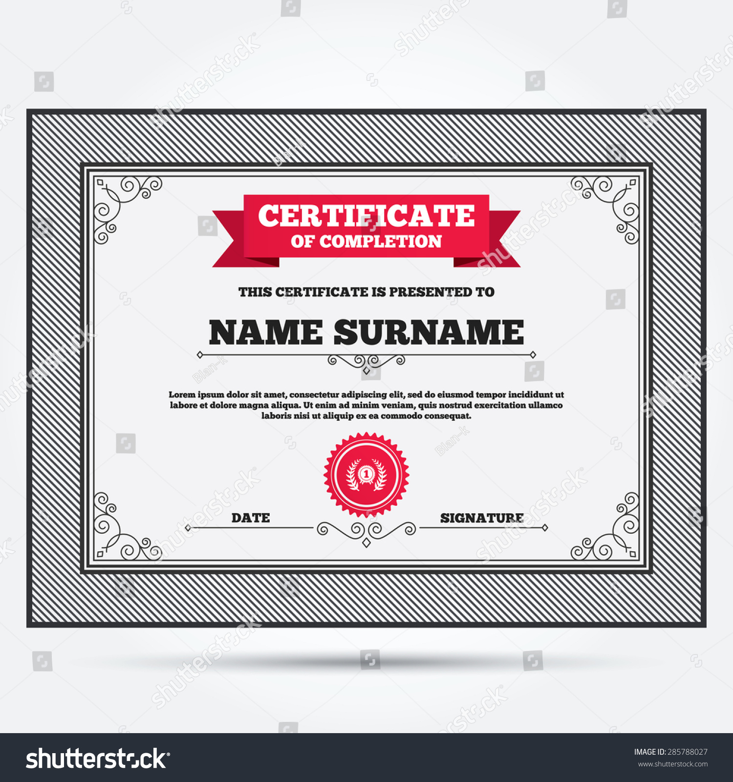 Certificate Completion First Place Award Sign Stock Vector Inside First Place Award Certificate Template