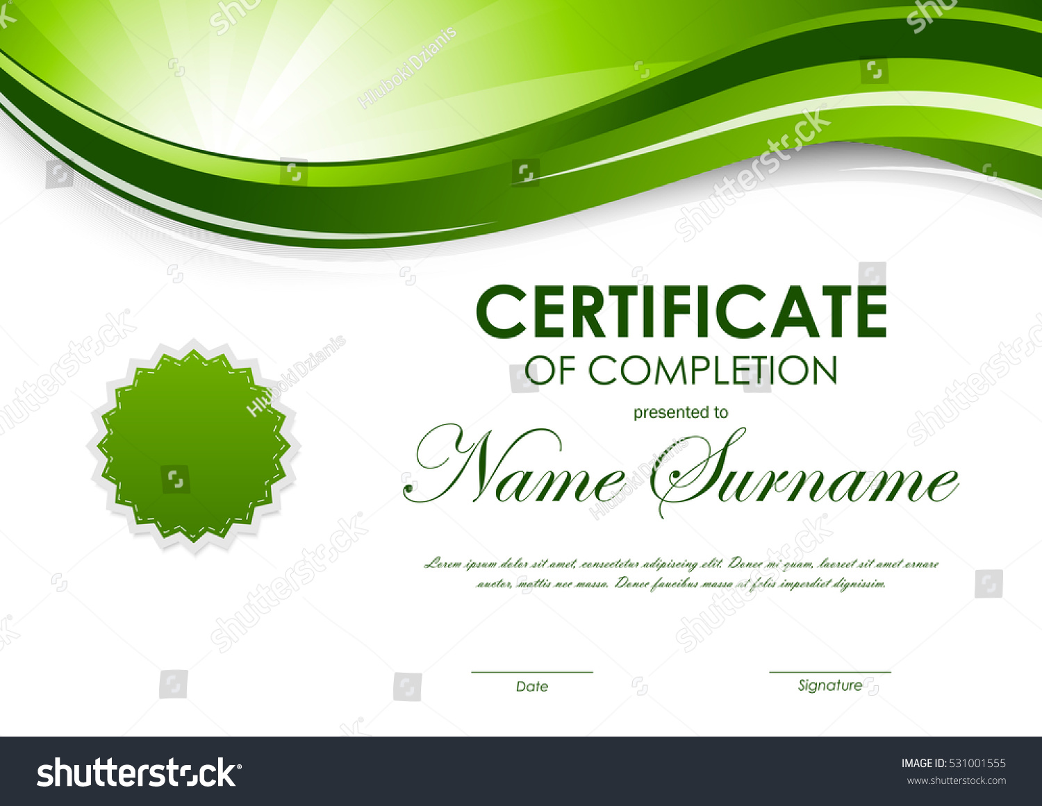 Certificate Completion Template Green Dynamic Light Stock Vector ...
