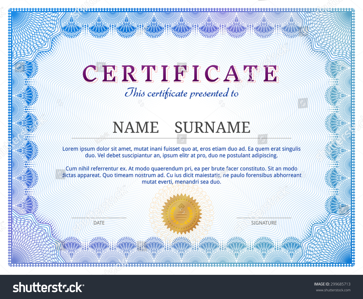 Certificate Template Guilloche Elements Blue Diploma Stock Vector ...