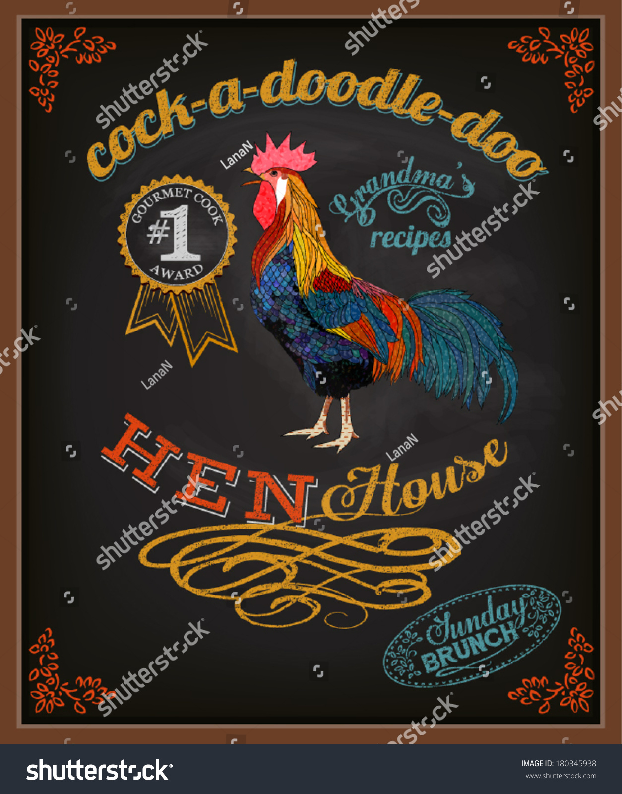 SVG of Chalkboard Poster for Chicken Restaurant - Colorful blackboard advertisement for restaurant with rooster, swirls, branches and specials - hand drawn, chalks, vintage style marketing svg