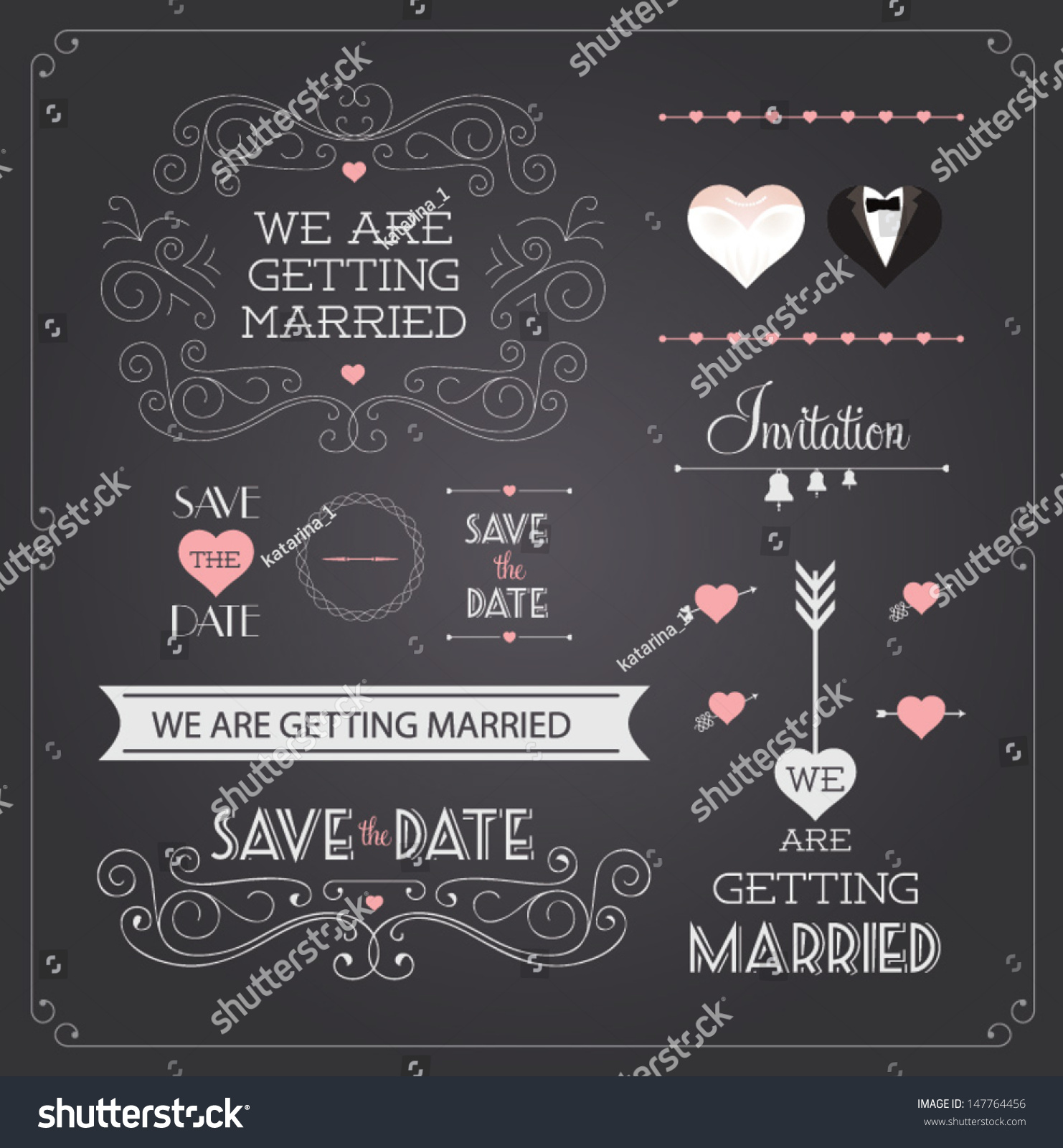 Chalkboard Style Wedding Design Decorative Elements Stock Vector   Stock Vector Chalkboard Style Wedding Design And Decorative Elements Vintage Banner Ribbon Labels Frames 147764456 